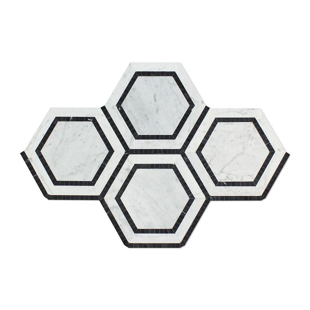 5 x 5 Honed Bianco Carrara Marble Hexagon Mosaic Tile (w/ Black)