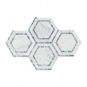 5 x 5 Honed Bianco Carrara Marble Hexagon Mosaic Tile (w/ Blue-Gray)