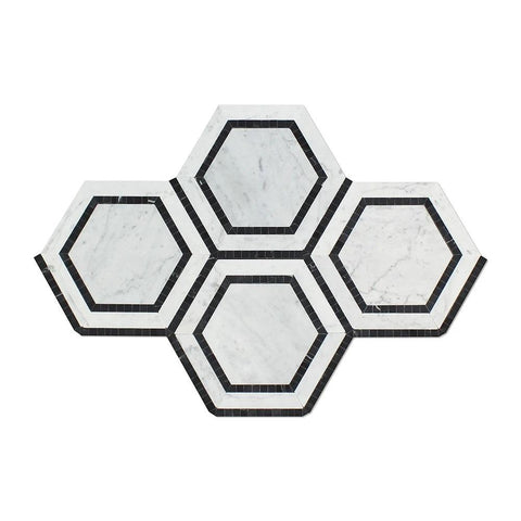 5 x 5 Polished Bianco Carrara Marble Hexagon Mosaic Tile (w/ Black)
