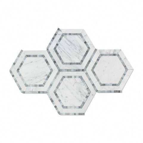 5 x 5 Polished Bianco Carrara Marble Hexagon Mosaic Tile (w/ Blue-Gray)