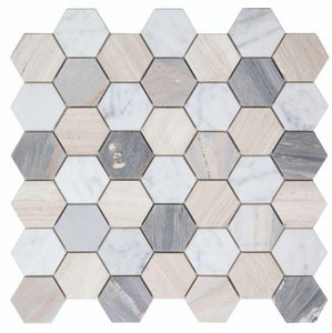 Hexagon Blue 11.75 x 12 Carrara, Haisa and Palissandro Blue Marble Mosaic Tile