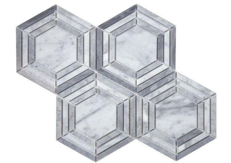 Nancy Dusk 10.75 x 12.25 Carrara White and Bardiglio marble Hexagon Mosaic Tile