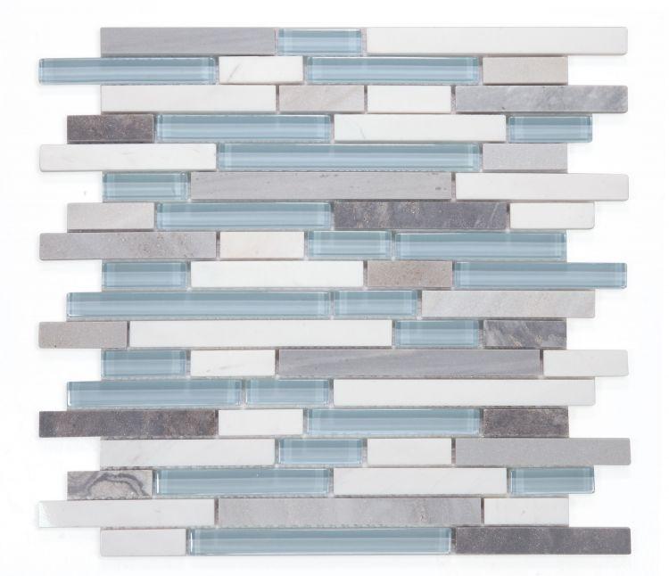 Linear Montage Sky 11.75 x 12  Blue Palissandro and Volakas White Marble Mosaic Tile
