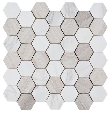 Hexagon Loft 2 x 2 11.75 x 11.75 White Volakas Mixed with Haisa Marble Mosaic Tile