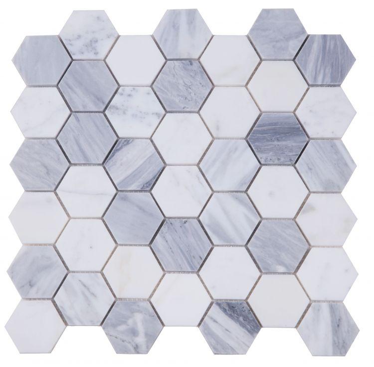 Hexagon Dusk 11.75 x 12 Mix of Carrara and Bardiglio Marble Mosaic Tile