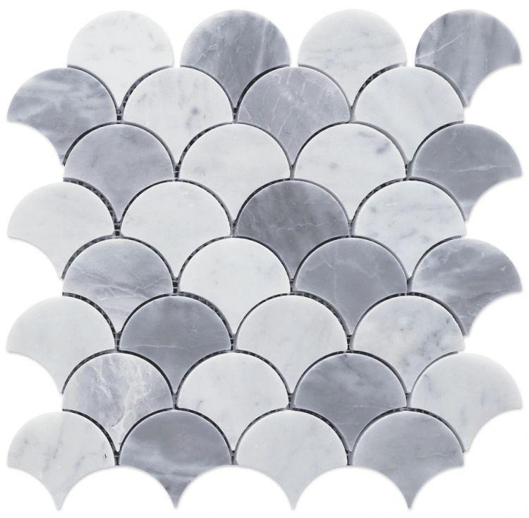 Dragon Scale Dusk 12 x 12 Fan Carrara and Bardiglio Marble Mosaic Tile