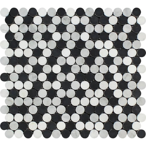 Bianco Carrara Honed Marble Penny Round Mosaic Tile (Carrara + Thassos + Black)