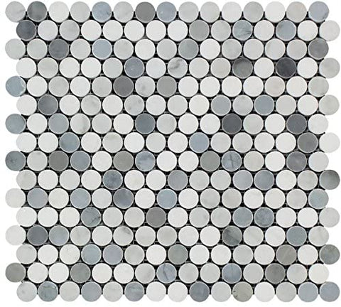 Bianco Carrara Honed Marble Penny Round Mosaic Tile (Carrara + Thassos + Blue)