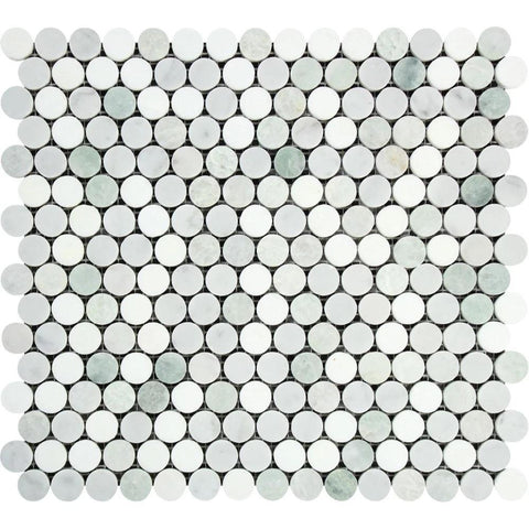 Bianco Carrara Honed Marble Penny Round Mosaic Tile (Carrara + Thassos + Ming Green)