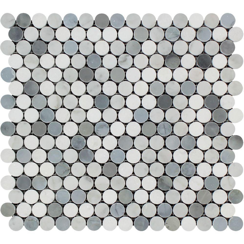 Thassos White Polished Marble Penny Round Mosaic Tile (Carrara + Thassos + Blue-Gray)