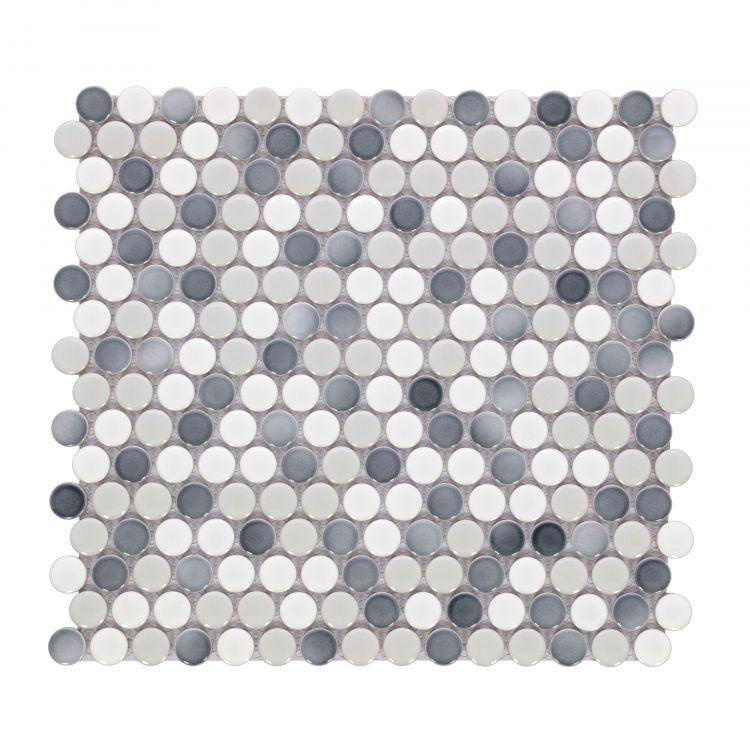 Penny Round Mixed Grey Glossy 11.5 x 12.25 Porcelain Pebble Mosaic Tile