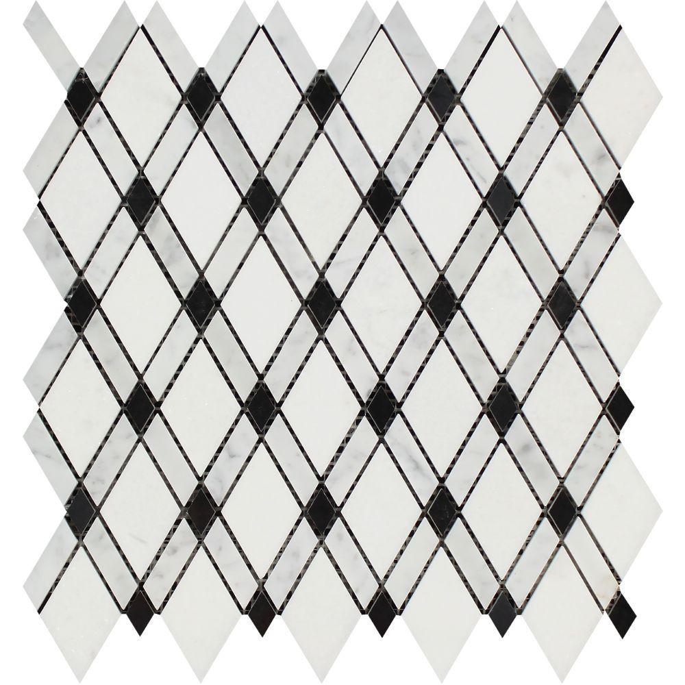 Bianco Carrara Honed Marble Lattice Mosaic Tile (Thassos + Carrara + Black)