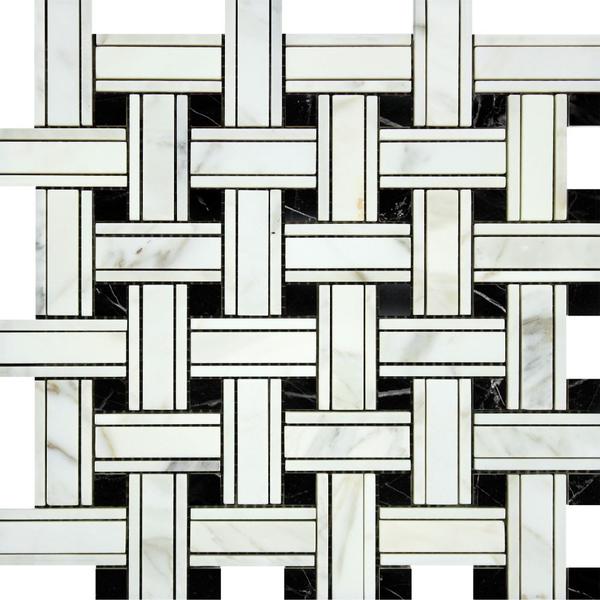 Calacatta Gold Honed Marble Tripleweave Mosaic Tile w/ Black Dots