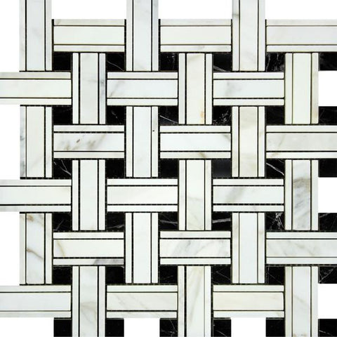 Calacatta Gold Honed Marble Tripleweave Mosaic Tile w/ Black Dots