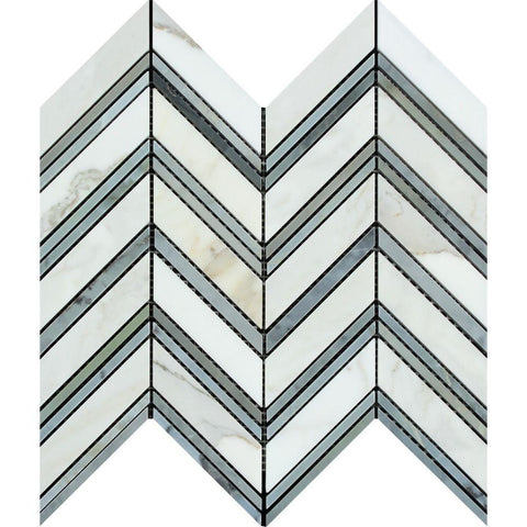 Calacatta Gold Honed Marble Large Chevron Mosaic Tile w/ Blue-Gray Strips