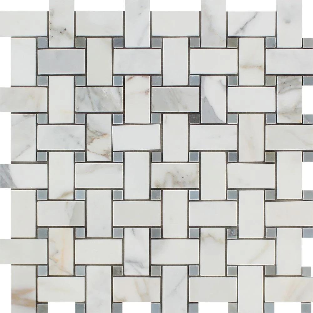 Calacatta Gold Honed Marble Basketweave Mosaic Tile w/ Blue-Gray Dots