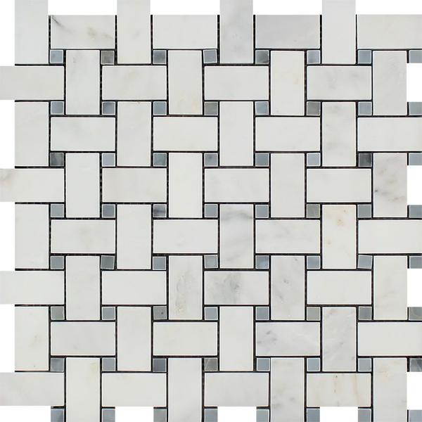 Oriental White Honed Marble Basketweave Mosaic Tile w/ Blue-Gray Dots