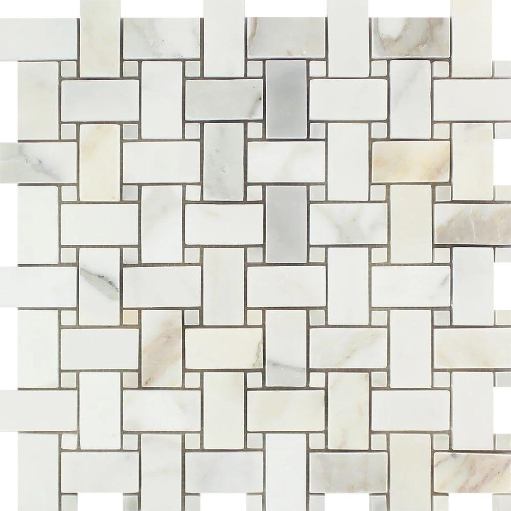 Calacatta Gold Honed Marble Basketweave Mosaic Tile w/ Calacatta Gold Dots