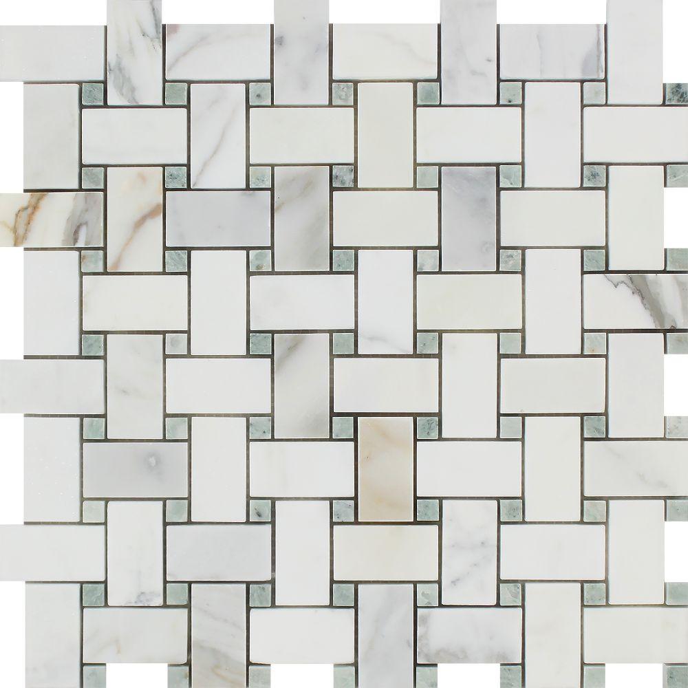 Calacatta Gold Honed Marble Basketweave Mosaic Tile w/ Ming Green Dots