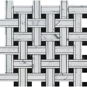 Bianco Carrara Honed Marble Tripleweave Mosaic Tile (w/ Black)
