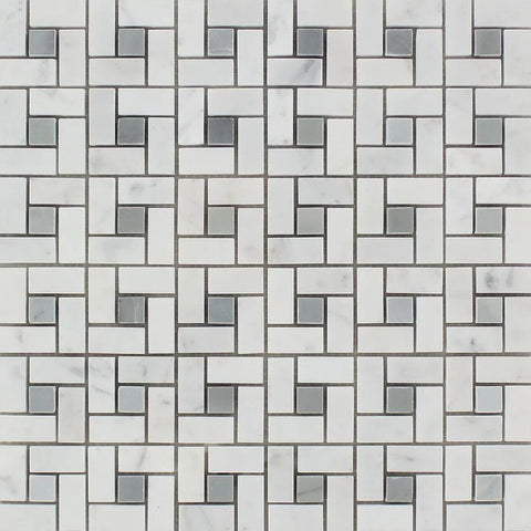Bianco Carrara Honed Marble Mini Pinwheel Mosaic Tile (w/ Blue-Gray Dots)