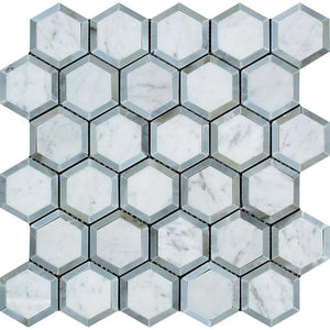 2 x 2 Honed Bianco Carrara Marble Vortex Hexagon Mosaic Tile (w/ Blue-Gray)