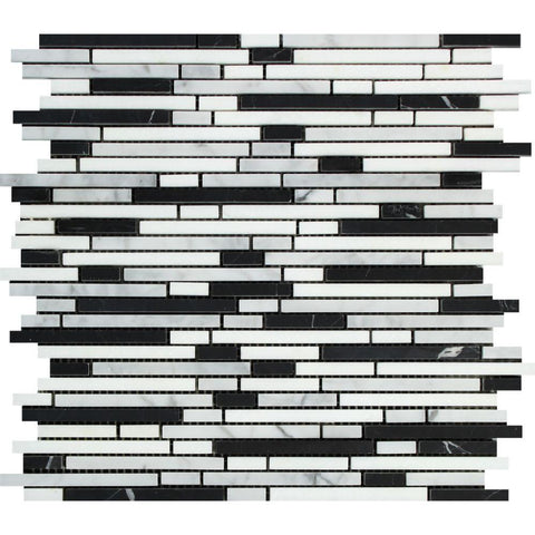 Bianco Carrara Honed Marble Bamboo Sticks Mosaic Tile (Carrara + Black)