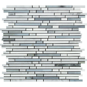 Thassos White Honed Marble Bamboo Sticks  Mosaic Tile (Thassos + Carrara + Blue-Gray)