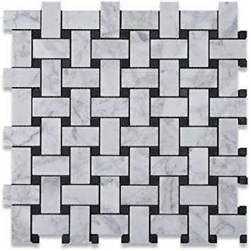 Bianco Carrara Honed Marble Basketweave Mosaic Tile (w/ Black Dots)