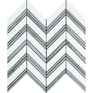 Thassos White Honed Marble Large Chevron Mosaic Tile (Thassos + Blue-Gray (Thin Strips))