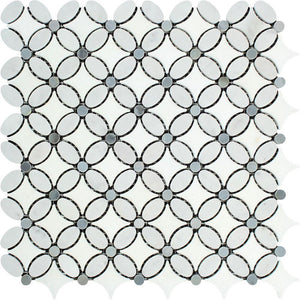Thassos White Honed Marble Florida Flower Mosaic Tile (Carrara + Thassos (Oval) + Blue-Gray (Dots))