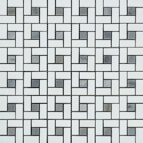 Thassos White Honed Marble Mini Pinwheel Mosaic Tile w/ Blue-Gray Dots