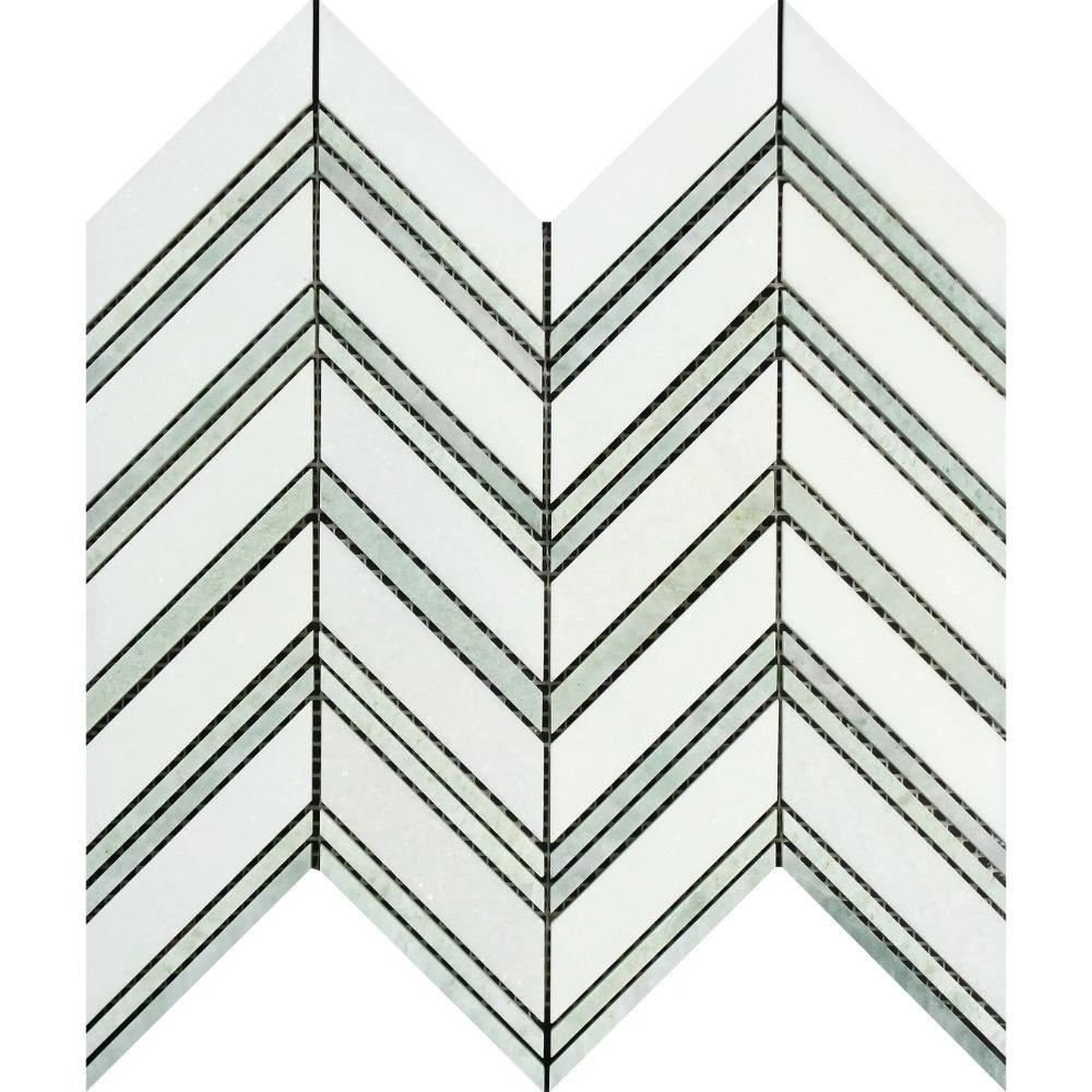 Thassos White Honed Marble Large Chevron Mosaic Tile (Thassos + Ming Green (Thin Strips))