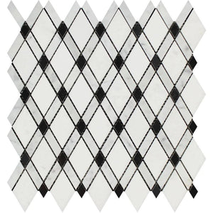 Thassos White Honed Marble Lattice Mosaic Tile (Thassos + Carrara + Black)