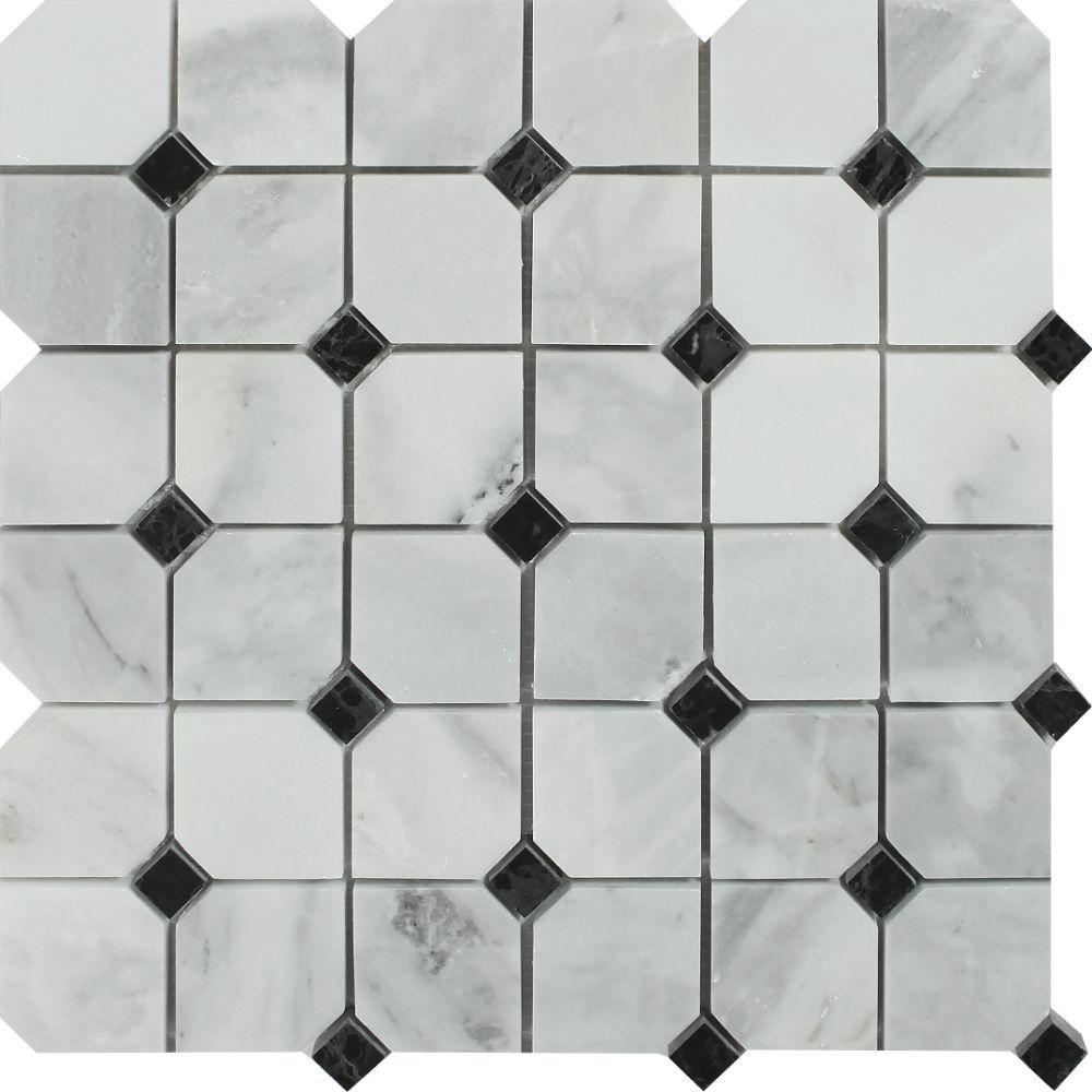 Bianco Mare Honed Marble Octagon Mosaic Tile w/ Black Dots