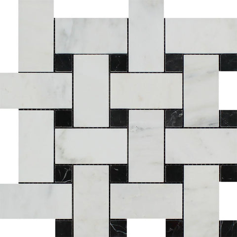 Oriental White Honed Marble Large Basketweave Mosaic Tile w/ Black Dots
