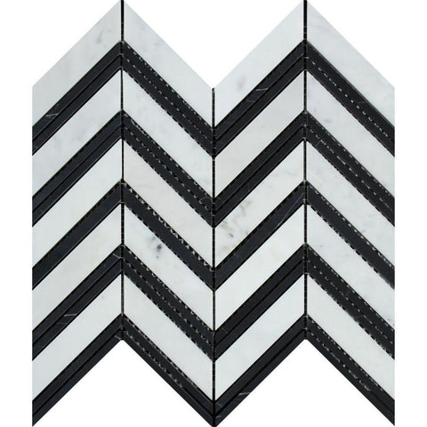 Bianco Carrara Honed Marble Large Chevron Mosaic Tile (Carrara + Black (Thin Strips))