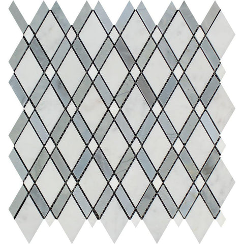 Oriental White Honed Marble Lattice Mosaic Tile (Thassos + Oriental White White + Blue-Gray)