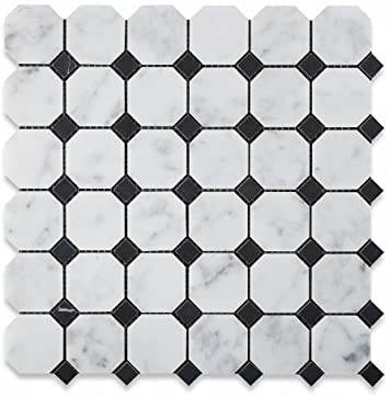 Bianco Carrara Honed Marble Octagon Mosaic Tile (w/ Black Dots)