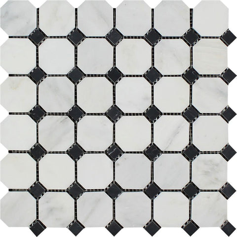 Oriental White Honed Marble Octagon Mosaic Tile w/ Black Dots