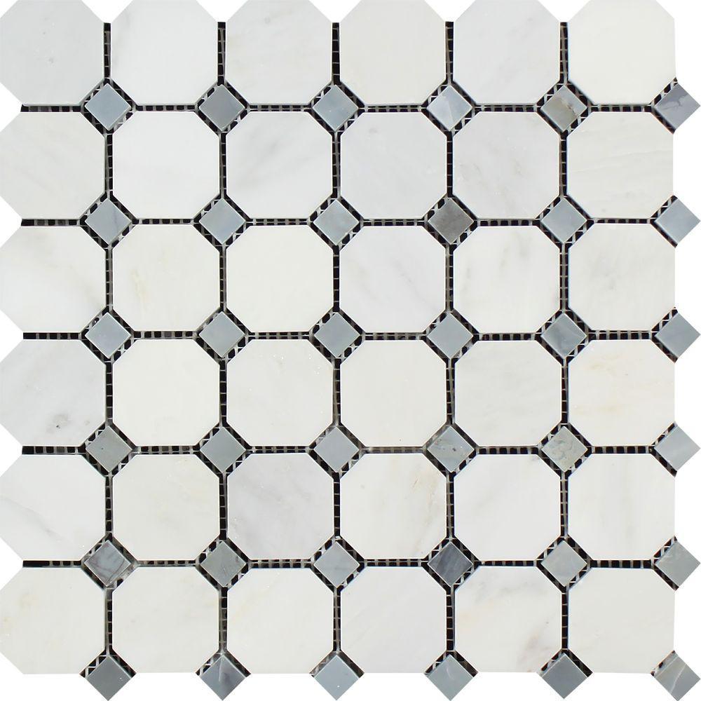 Oriental White Honed Marble Octagon Mosaic Tile w/ Blue-Gray Dots