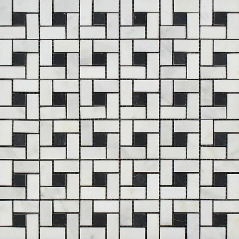 Oriental White Honed Marble Mini Pinwheel Mosaic Tile w/ Black Dots
