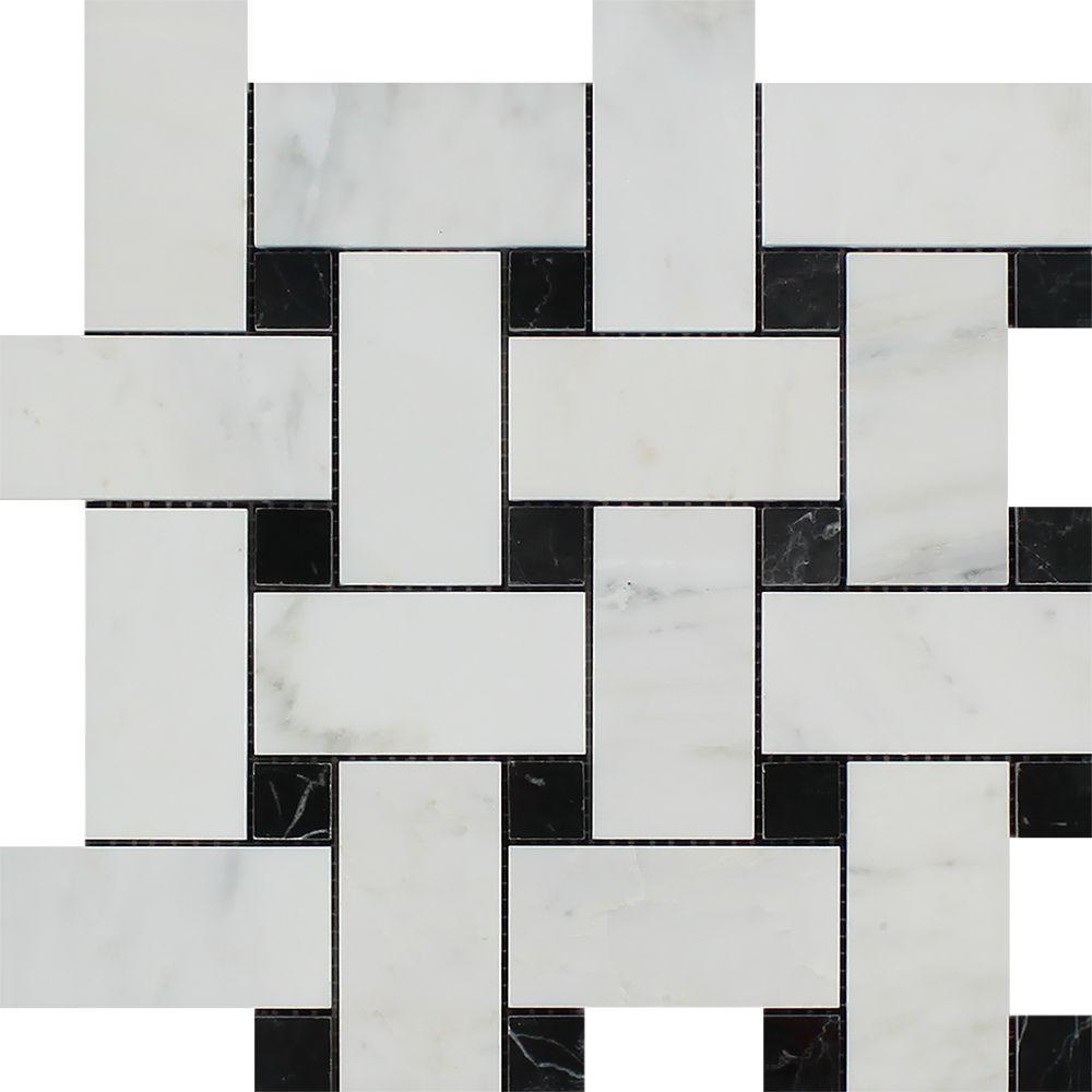 Oriental White Polished Marble Large Basketweave Mosaic Tile w/ Black Dots
