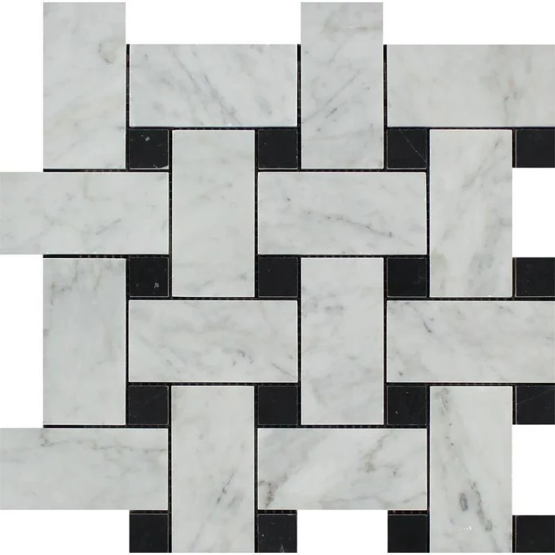 Bianco Carrara Honed Marble Large Basketweave Mosaic Tile (w/ Black Dots)