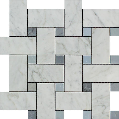 Bianco Carrara Honed Marble Large Basketweave Mosaic Tile (w/ Blue-Gray Dots)
