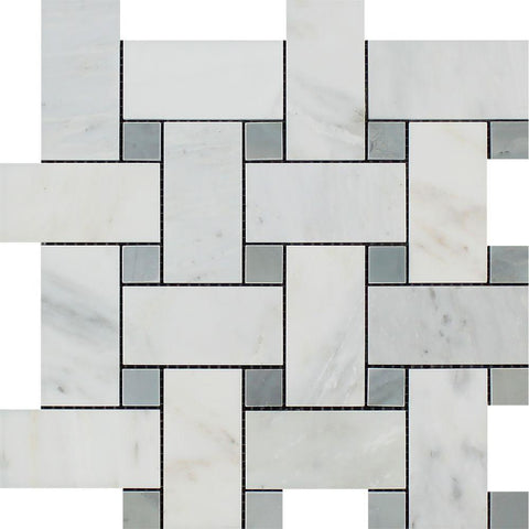 Oriental White Polished Marble Large Basketweave Mosaic Tile w/ Blue-Gray Dots