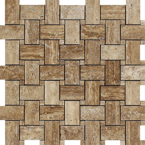 Noce Exotic (Vein-Cut) Unfilled Polished Travertine Basketweave Mosaic Tile