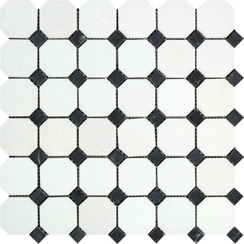 Thassos White Polished Marble Octagon Mosaic Tile w/ Black Dots