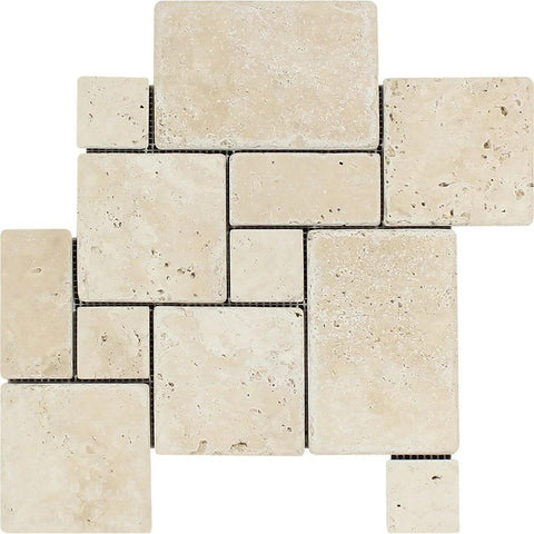 Ivory Tumbled Travertine OPUS Mini Pattern Mosaic Tile (Interlocking)