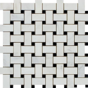 Oriental White Polished Marble Basketweave Mosaic Tile w/ Black Dots